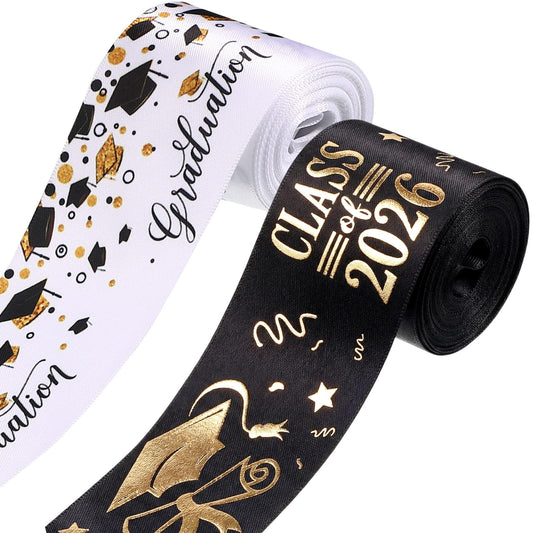 WILLBOND 2 Rolls Class of 2026 Graduation Craft Ribbons 7/8 Inch x 10 Yards Congrats Grad Black White Gold Satin Ribbon for Graduation Party Favors Ribbon for Wrapping Gifts Headband Bow