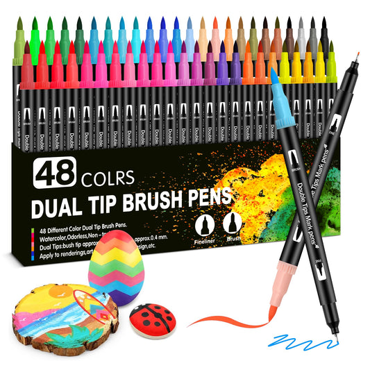 BPTAKOO Dual Double Tip Brush Markers Pens, 48 Colors Artist Coloring Marker Set, Fine & Brush Tip Pen with Premium Case for Adults Coloring Books & Kids Drawing, School Classroom Art Suppliers
