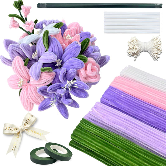 CITYBAN 400PCS Pipe Cleaners Craft,5 Assorted Pipe Cleaner Flower Kit,Kit with Floral Wires, Gardening Tape, Stamen, Floral & Ribbon, Pipe Cleaners Bulk,Ideal for DIY Projects（Purple）
