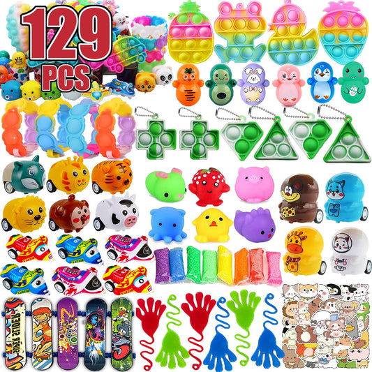 129 PCS Party Favors for Kids, Pop Fidget Treasure Box Toys, Classroom Prizes, Pinata Filler Goodie Bag Stuffers, Treasure Chest, Carnival Prize Box Toys for Boys Girls