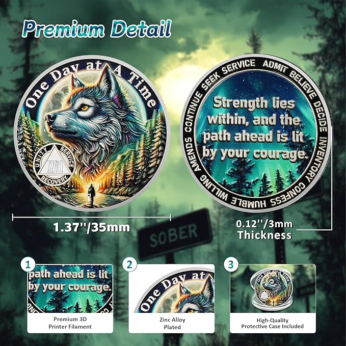 One Day at a Time 27 Year Sobriety Coin - Recovery Aurora Forest Wolf AA Coins - Addiction NA AA Chips and Medallions - Celebrate 1-30 Living Clean Narcotics Alcoholics Anonymous Gifts for Men Women
