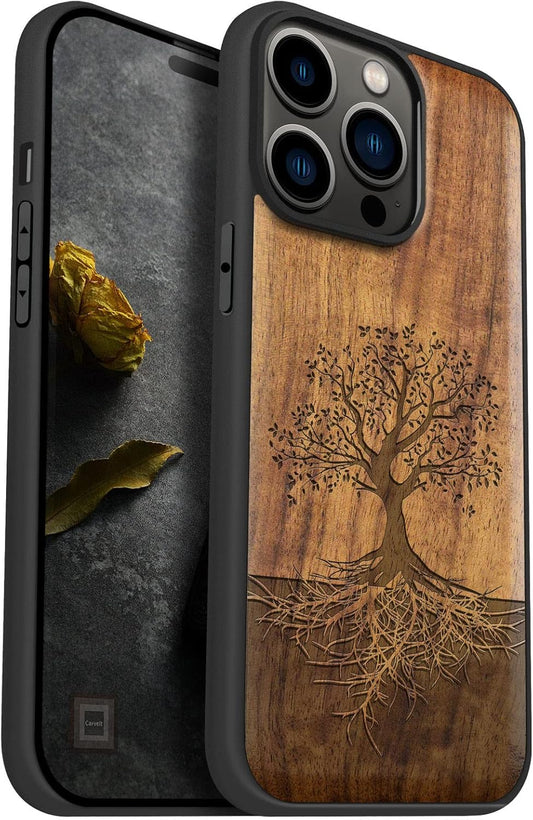 Carveit 14 Magnetic Wood Case for iPhone Pro Max [Natural Wood & Black Soft TPU] Unique & Classy Wooden Shockproof
