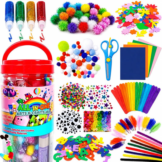 FUNZBO Arts and Crafts Supplies for Kids - Mother's Day Toddlers Craft Kit with Glitter Glue Stick,Pipe Cleaners Pom Poms Craft Tools, DIY School Supplies Kit, Birathday Gifts for Girls Boys Age 4+