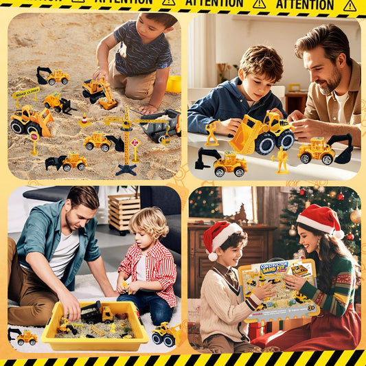 BEIREG Construction Sensory Sand Kit - 42 PCS Building Set with 2lbs Magic Sand, 9 Construction Trucks, Foldable Roof Sandbox, Cranes, Road Signs & Tools | STEM Gift for Boys Ages 3-8