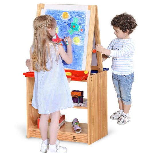 Bolocon Dual-Sided Magnetic Art Easel, Wooden Activity Station w/ 2-Tier Storage Cabinet, Art Center for Toddlers, Classroom Whiteboard & Chalkboard