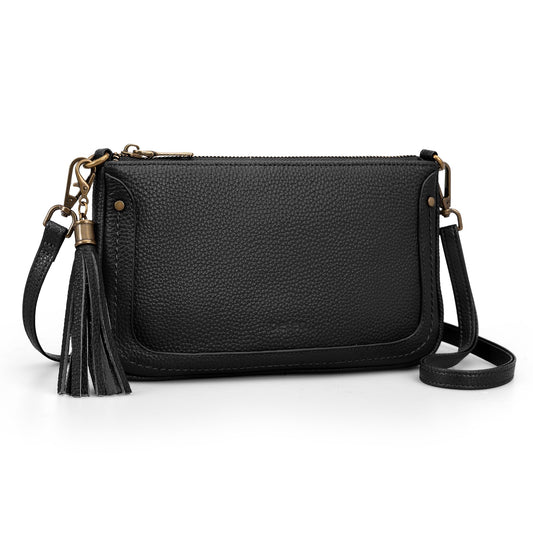befen Genuine Leather Wristlet Wallets for Women, Black Cell Phone Purse with Built in Wallet Soft Real Leather Crossbody Bag with RFID Blocking Small Cluth Purses with Wrist and Crossbody Strap