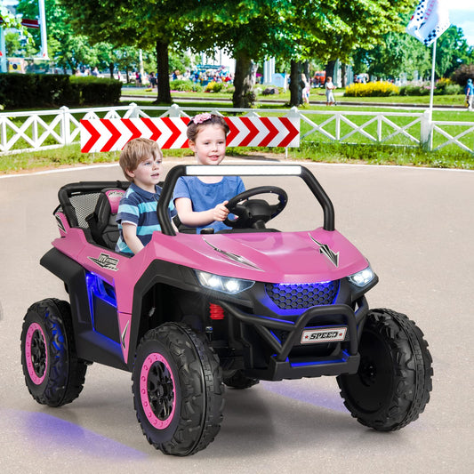 HONEY JOY Pink 2 Seater Ride On Car, 12V Battery Powered Ride On Truck w/Remote Control, Spring Suspension, High/Low Speed, Storage, Music, USB, Ambience Lights, Electric Vehicle UTV for Kids (Pink)