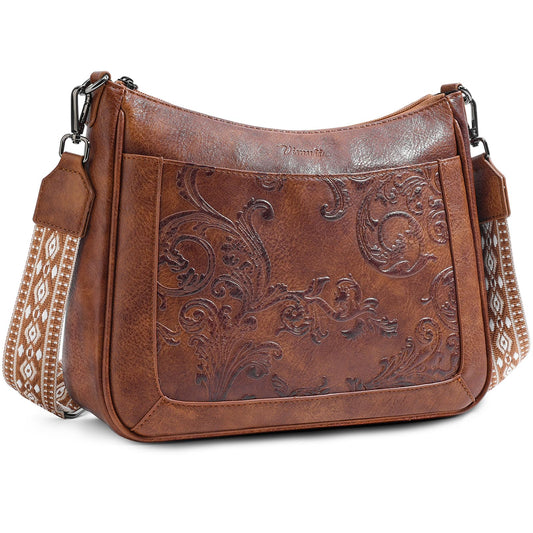 VIMUTI Crossbody Bags for Women,Vegan Leather Crossbody Purse with Adjustable Strap Embossed Flower Women's Shoulder Handbags (01-Brown)