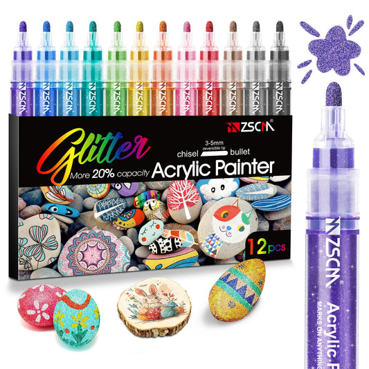 ZSCM Large Acrylic Glitter Markers Pen, 12 Colors Stocking Stuffers Gifts, Metallic Shimmer Markers for Doodle Writing, Glitter Art Crafts Gifts Trendy Stuff Christmas Stocking Stuffers