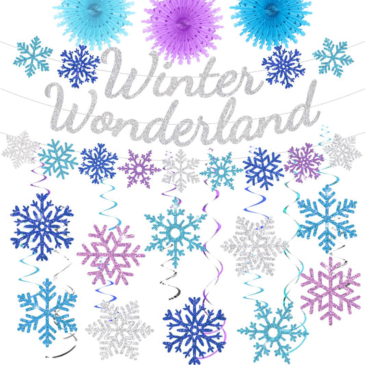28pcs Winter Snowflake Hanging Swirls Decorations, Winter Wonderland Decorations Snowflake Hanging Swirls Decoration Glittery Ornament Banner for Winter Frozen Baby Shower Party Home Decorations