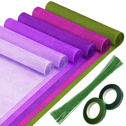 Crepe Paper 6 Rolls Wide Crepe Paper Streamers 10 Inch x 8 Feet Artificial Floral Arrangements DIY Flower Making Kits Green Floral Tape and Wire for Wedding Festival Party Decorations Craft Supplies