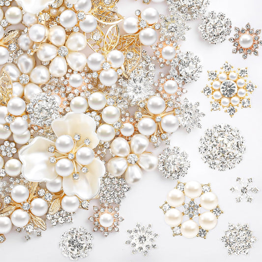 Wavwavw 40 Pcs Flat Back Pearls Rhinestone Buttons for Crafting Faux Pearl Embellishments Bulk for Jewelry DIY Craft Wedding Bouquet Hat Dress Hair Gift Decoration Party Accessories (Gold)