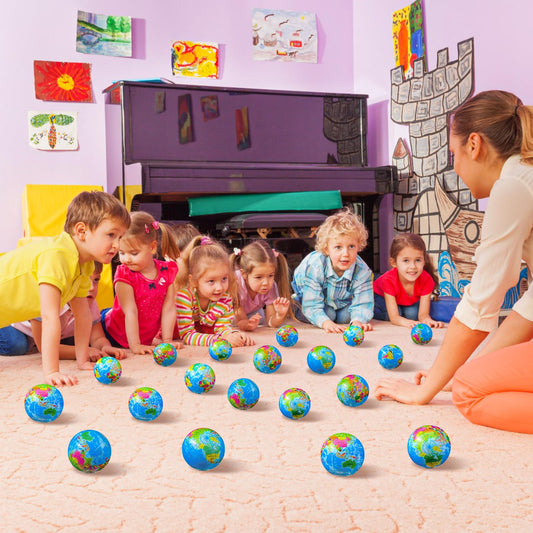 Poen 400 Pcs Globe Squeeze Balls, 2 Inch Mini World Earth Stress Balls Bulk Educational Relief Foam Squeeze Ball with Blue Drawstring Bag for Finger Exercise School Reward Party Gift