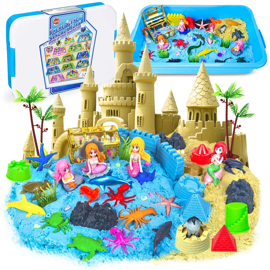 Bloolilies Sensory Bin, 57Pcs Ocean Mermaid Sensory Bins for Toddlers Sand Art Kit Sea Animals Molds Sandbox with Cover, Kids Play Sand Toys Playsand Birthday Gift for Boys Girls 3-5 6 7 8