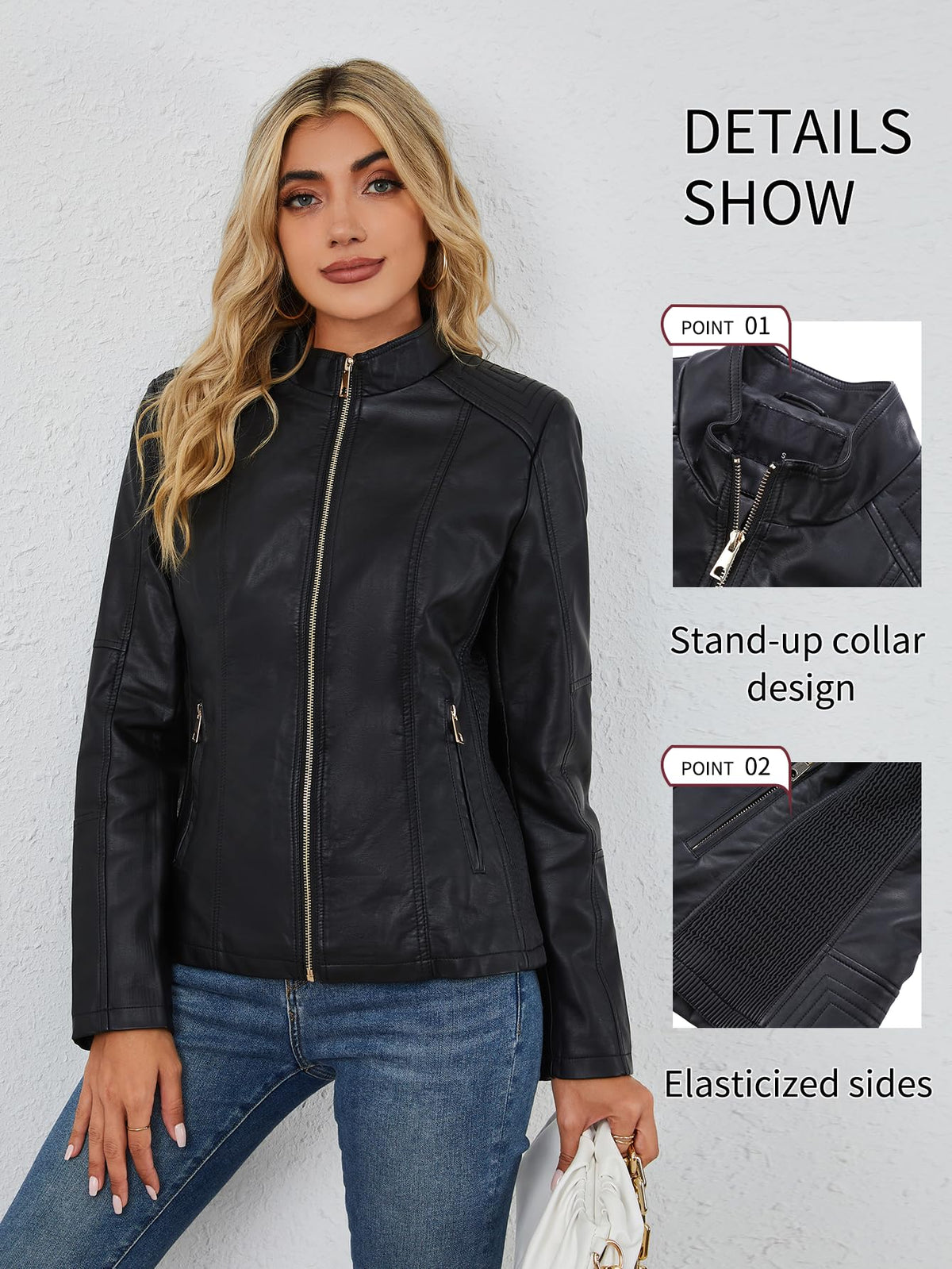 Bellivera Faux Leather Women Motorcycle Stand Collar Jacket Black XL