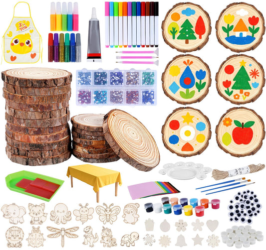 Timburst Unfinished Wood Slices Ornaments, 171pcs All-in-One Kids Painting Crafts, Glow in the Dark Wooden Craft Kit with Pre-Drilled Holes, Arts and Crafts for Girls Boys Ages 6+ Birthday Gift