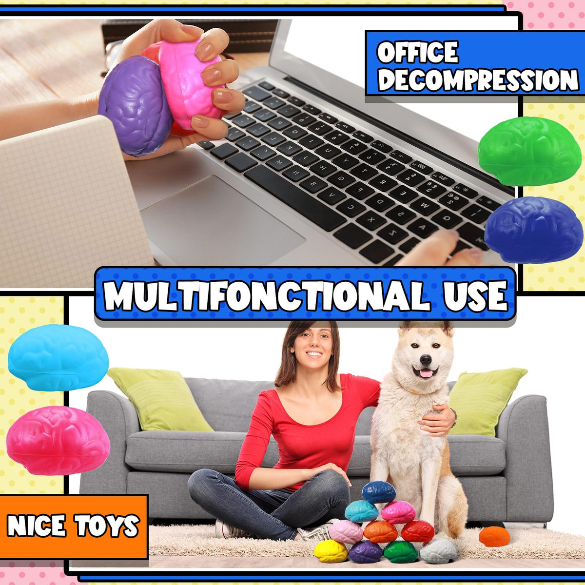 Kasyat 40 Pcs Brain Stress Ball 3 Colorful Large Brain Shaped Stress Ball Bulk Halloween Party PU Hand Muscle Exercise Pressure Prop for Adult Improving Grip Strength Object Recognition Prop Mold
