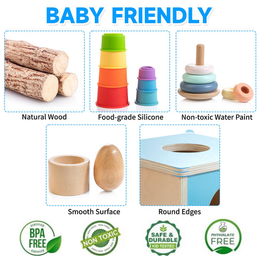 WOODMAM Montessori Toys for Babies 7-12 Months, 9 in 1 Educational Wooden Toys Set, Includes Object Permanent Box, Stacking Cups, Mirror Puzzle, Ring Stacker and More