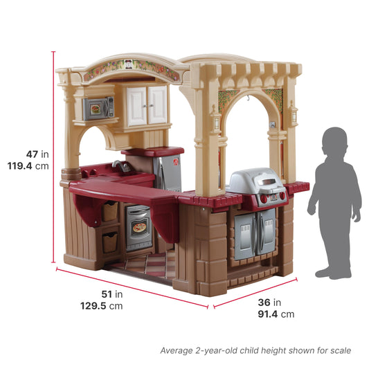 Step2 Grand Walk-In Kitchen & Grill Kids Playset, Indoor/Outdoor Kitchenette, Interactive Play with Lights and Sounds, Durable Plastic, 103 Piece Toy Accessories, Toddlers 2+ Years Old, Brown/Tan