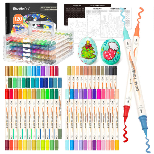 Shuttle Art 120 Colors Dual Tone Acrylic Paint Markers, 60 Pack Acrylic Paint Pens Set for Rock Painting, Ceramic, Wood, Canvas, Glass, Stone, Fabric, Card Making, DIY Crafts & Art Supplies