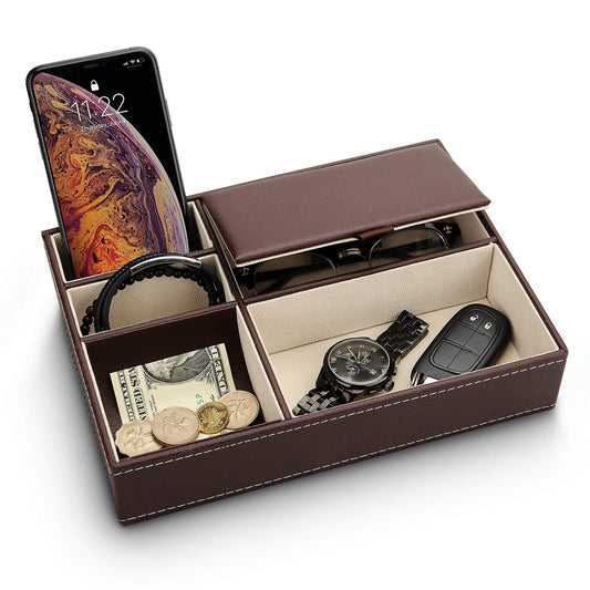 Baoyun Leather Valet Tray for Men, Mens Jewelry Organizer Box, Mens Nightstand Organizer, Leather Bedside Tray for Entryway, Dresser Organizer Countertop for Bedroom Men Room Decor