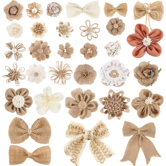 VGOODALL 32 PCS Natural Burlap Flowers Set, Burlap Bows and Scrapbook Embellishments for Wedding Party Decor Home, Embellishments for Crafts