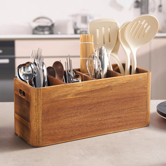 SANOSY 16" Wooden Kitchen Utensil Holder, Extra Large Acacia Wood Organizer for Cooking Tools, Utensils & Cutlery Storage – 4-Compartment Countertop Holder