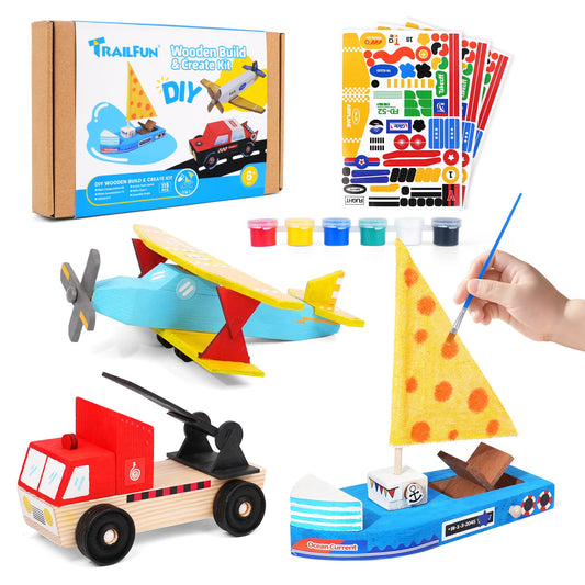 Wooden Build Paint Art Crafts Kit 3 Pack, Make Your Own Car Boat & Plane DIY Craft Toys for Kids Boys, STEM Educational Toy Set for Kids Ages 4-8, 8-12