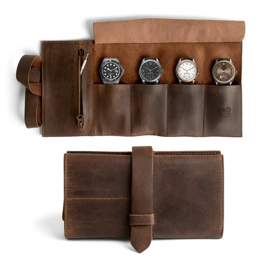 Hide & Drink, Watch Roll Organizer with Zippered Pouch, Easy Carry On Watchlover Storage, Travel Essentials Gift, Full Grain Leather, Handmade (Bourbon Brown)