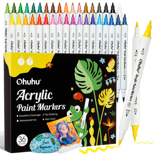 Ohuhu Acrylic Paint Markers Dual Tips: 36 Colors Brush & Fine Paint Pens High Opacity Acrylic Markers Water-Resistant Lightfast for Rock Painting 3D Prints Egg Wood Glass Ceramic DIY Crafts - Akaka