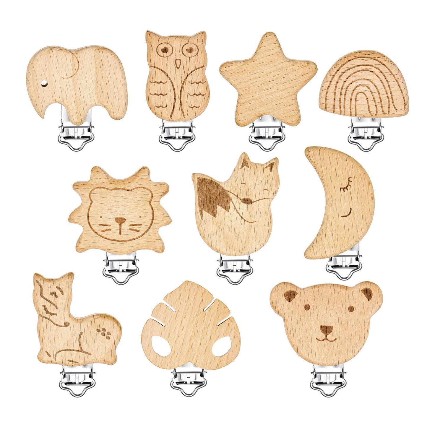 Boao 10 Pcs Wood Pacifier Clips Toy Suspender Clips Charm DIY Pacifier Holder for Baby Toddler Teething Grasping Accessory (Cute)