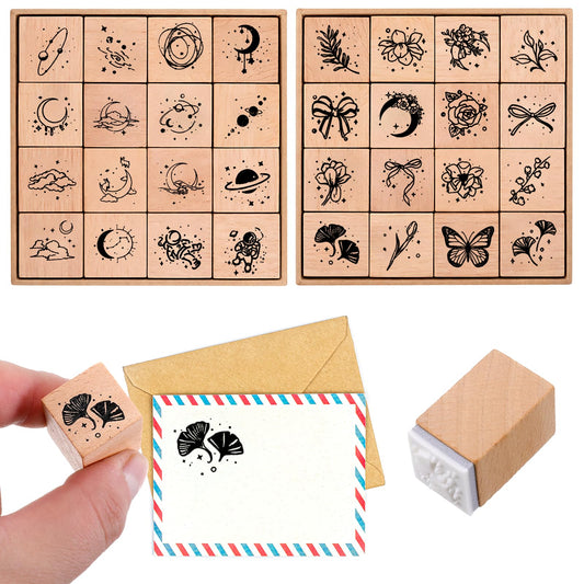 Yuanan 32 PCS Wooden Rubber Stamp Set, Rubber Stamps for Crafting Universe Galaxy Botanical Vintage Decorative Wood Mounted Rubbers Stamps for Crafting Arts and DIY Crafts, Journals, Card Making