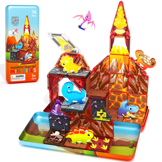 36PCS Mini Magnetic Tiles Dinosaur Kids Toys with Case - Toddler Travel Essentials Outdoor Set, Magnetic Blocks Montessori Preschool Sensory Building Toys for 3 4 5 Year Old Boys Girls Gifts