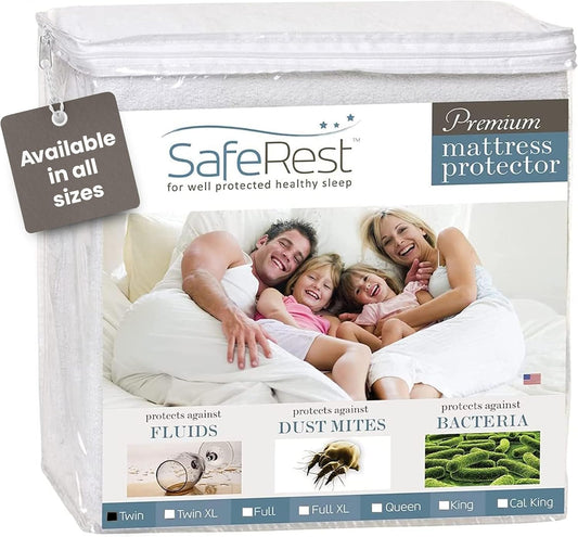 SafeRest Waterproof Mattress Protector - Twin Size Fitted Cover with Stretchable Pockets | Machine Washable Cotton Blend
