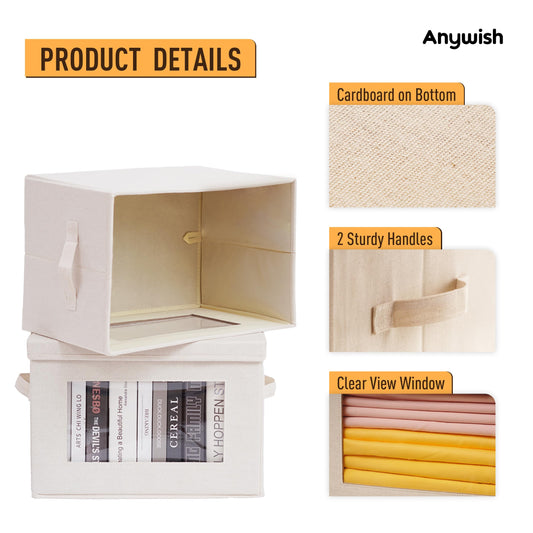 Anywish 4-Pack Storage Bins with Lids, Fabric Foldable Storage Bins with Soft Cord Handles, Cube Closet Storage Baskets with Lids, Organizers for Organizing Clothes and Books, Beige