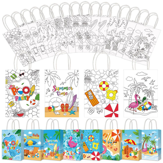 Pasimy 24 Pcs Summer Beach Pool Coloring Gift Bags DIY Summer Paper Coloring Crafts for Kids Pool Party Goodie Candy Gift Treat Bags for Hawaii Party Favors Supplies Classroom Activities(Classic)