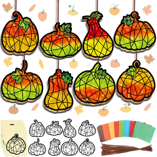 Eersida 32 Pcs Thanksgiving Pumpkin Suncatchers Paper Craft Set Fall DIY Pumpkin Shaped Stained Glass Tissue Paper Kit Bulk for Autumn Thanksgiving Classroom Activities Party Window Art Decor