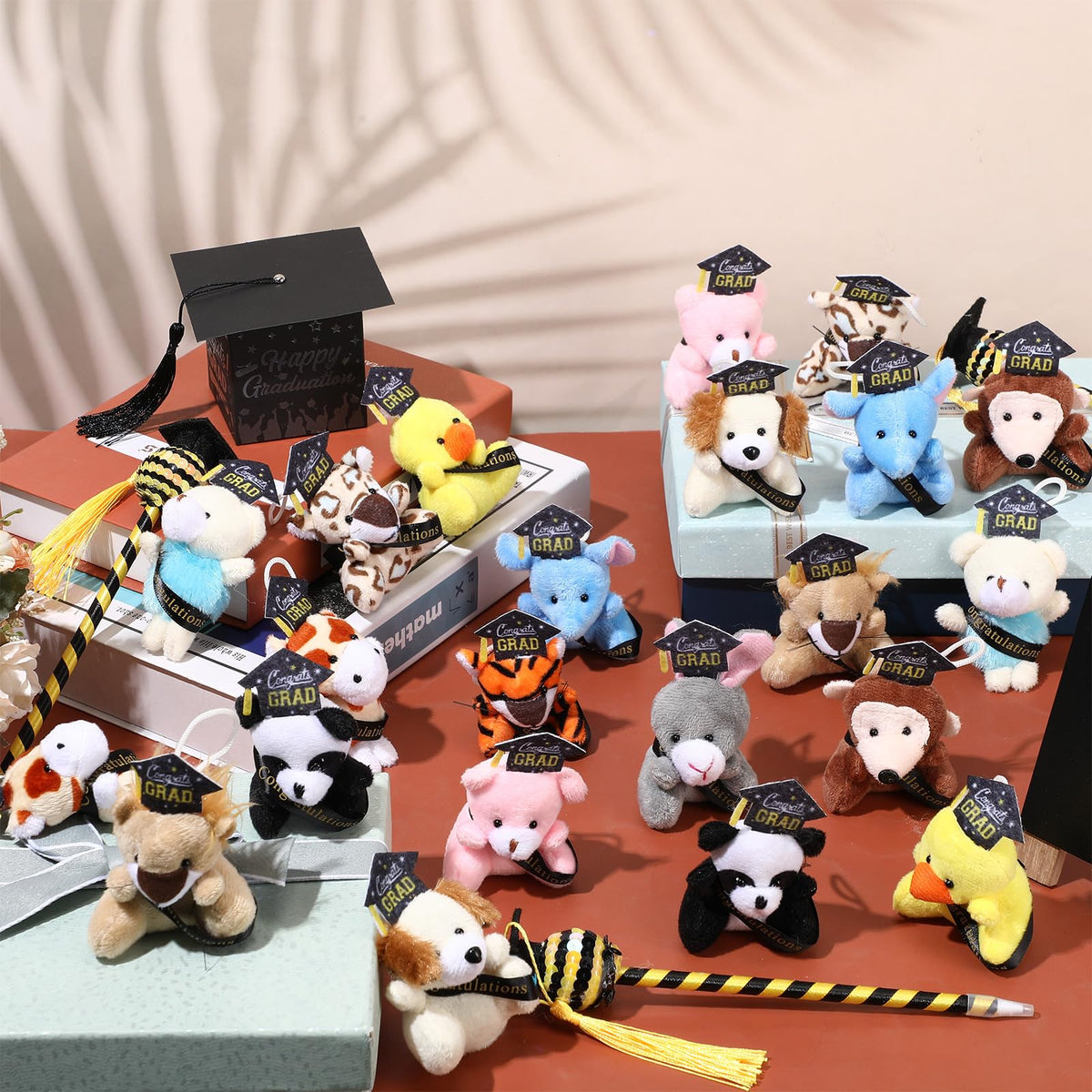 MiniInflat 12 Pcs Mini Graduation Stuffed Animal Bulk Tiny Congrats Grad Plush Small Animal Doll Keychain with Grad Hat for 2026 Graduation Party Favors Prek Kindergarten Classroom Exchange Gift