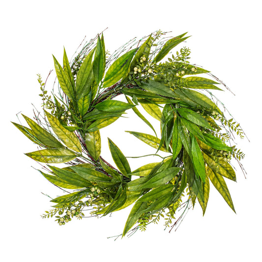 Vickerman 24" Artificial Green Willow Wreath - Faux Wreath for Door - Decorative and Elegant Wreath - Features Willow Leaves, Twigs, Light Green Berries - Home Decor