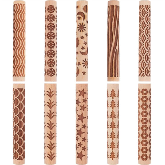 YANGYIXIN Wooden Clay Texture Rollers Set 10Pcs for Pottery Clay Roller and Texture Roller Tool Set with 10 Wooden Stamps & Textured Rolling Pins for Ceramics, DIY Handmade Art and Craft Supplies.