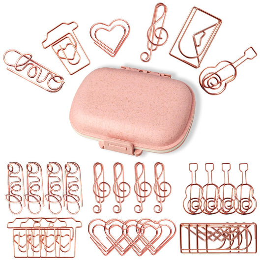 30Pcs Adorable Rose Gold Fancy Paper Clips Set, Cute Shaped Metal Clips with Travelers Accessories for Planner & Journal Supplies, Creative Decorative Bookmarks for Office School Home Organization