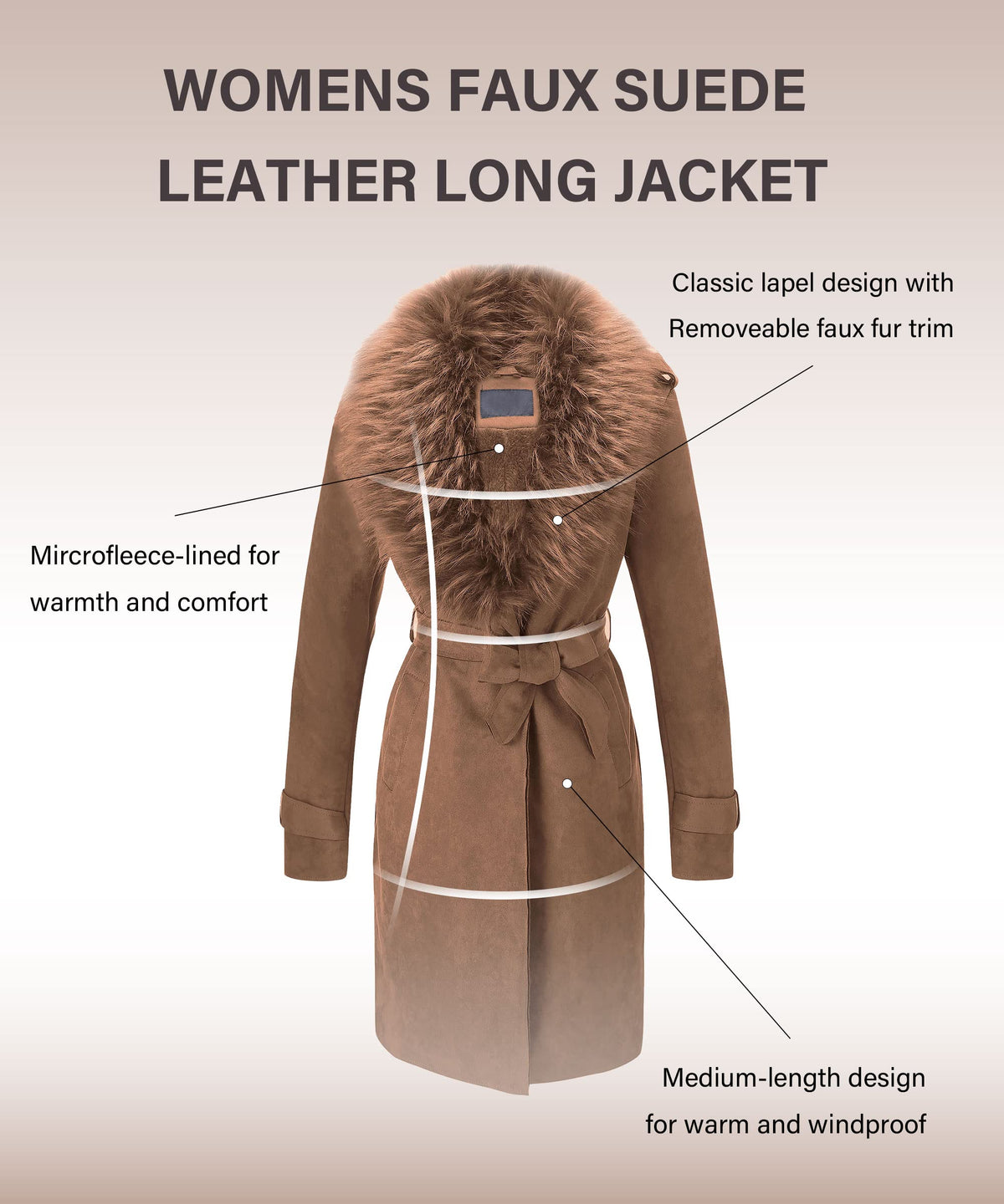 Bellivera Women Faux Suede Leather Jacket Coat with Removable Fur Collar FF20 D.Brown XL