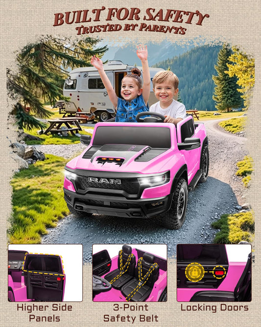 First Ride On 24V Ride On Toys for Big Kids, RAM 1500 2 Seater Ride on Car w/Remote, Battery Powered Truck w/ 4 Wheels Suspension, Toddler Car w/Bluetooth, LED Lights, Trunk