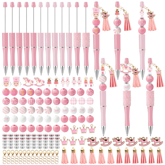 COcnny Christmas Nutcracker Beadable Pens - 12 Set Pink DIY Ballpoint Pen Making Kit with Bead Craft for Kids, Winter Beaded Pen Bulk Charm Tassel Supplies for Xmas Party Women School Students Gift