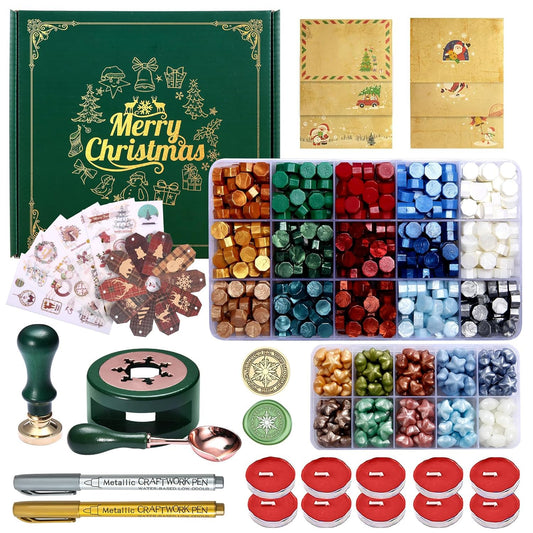 Comealltime Christmas Wax Seal Kit with Snow Sealing Stamp, 25 Colors Sealing Beads Beginner's Set with Warmer, Xmas Washi Stickers, Envelope, Candle, Wax Seal Stamp Kit for Gift and Craft