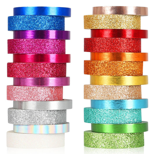 AEBORN Metallic Glitter Washi Tape - 24 Rolls Thin Colored Masking Tape Set, 6mm/10mm Decorative Tapes for Bullet Journal, Scrapbook, Christmas DIY Crafts, Gift Packaging