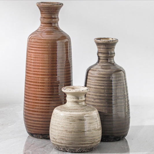 Ceramic Vases Set of 3, Neutral Rustic Farmhouse Vases Home Decor Decorative Flower Vase Modern Boho Pampass Vase for Table Mantel Entryway Shelf Living Room Kitchen Bathroom - Brown