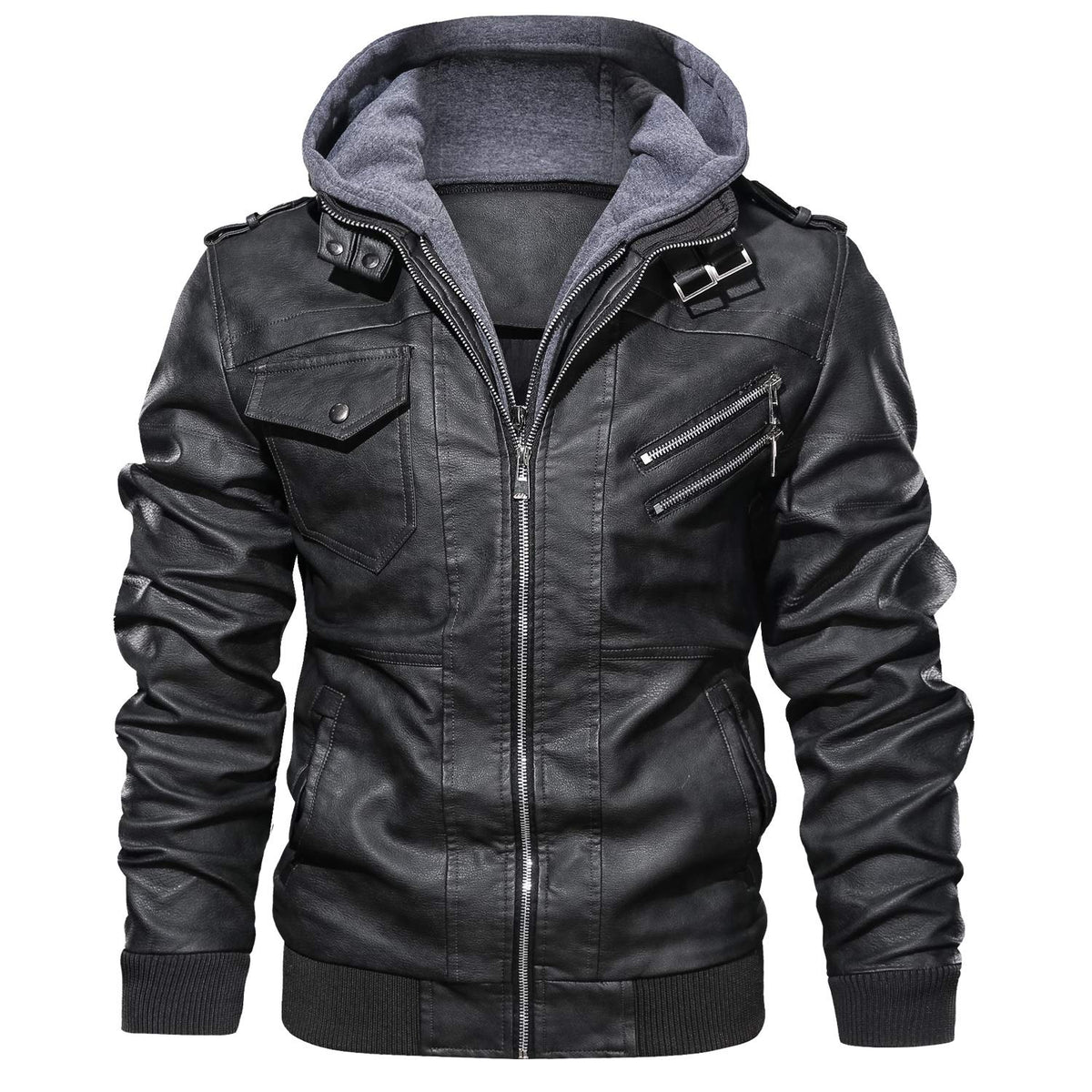 JYG Men's Faux Leather Jacket Stand Collar Motorcycle Bomber Jackets with Removable Hood (Black,S)