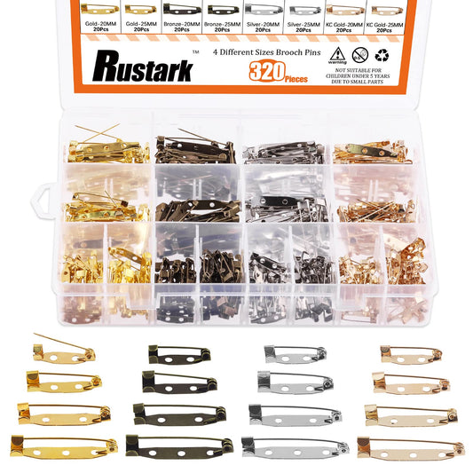 Rustark 320Pcs 4 Sizes Locking Pins Backs Clasp Brooch Safety Bar Pins Assortment Kit for Badge Jewelry Making Sewing Fabric Name Tags Making Corsage DIY Craft