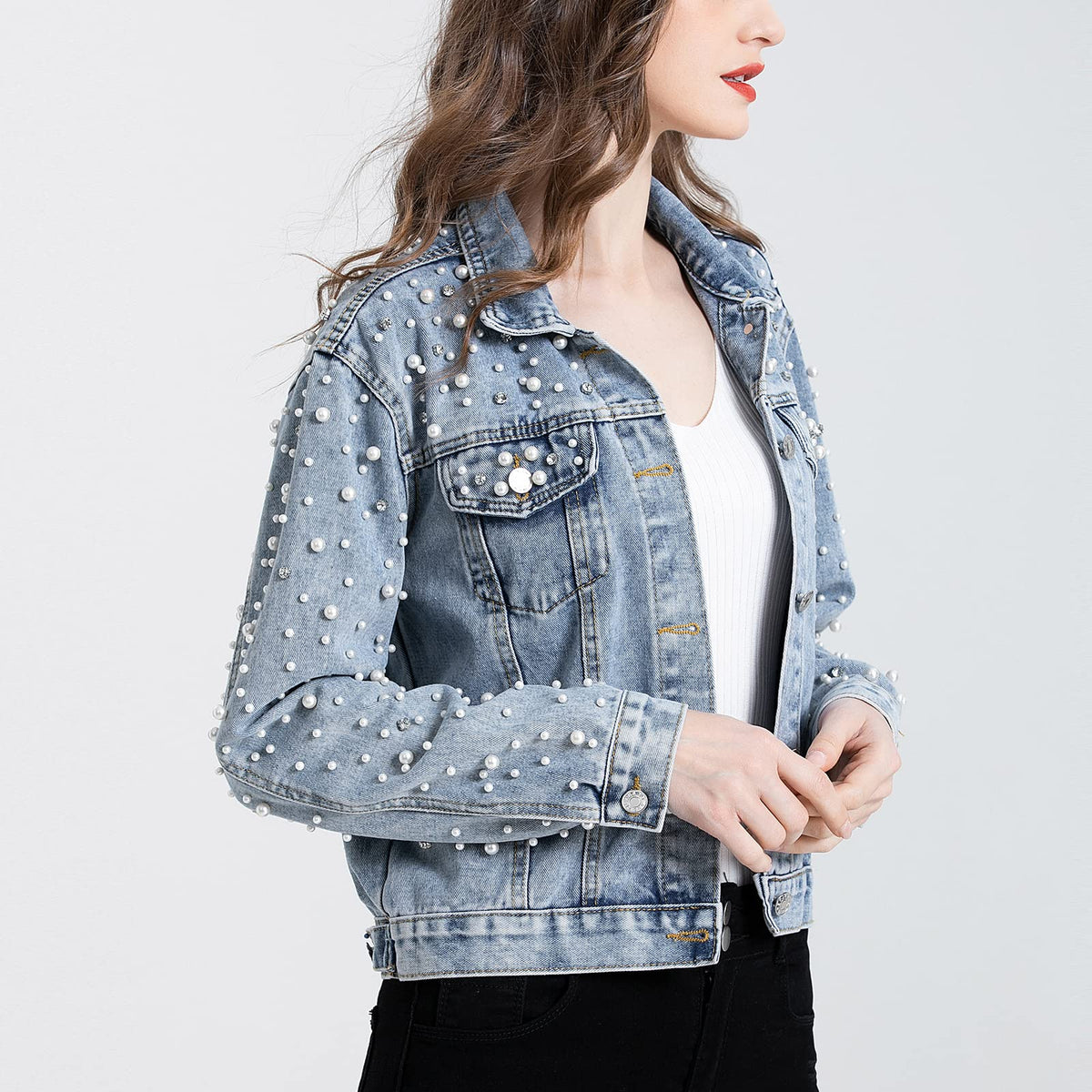 LifeShe Women's Pearls Denim Jacket Cropped Rhinestones Jean Jacket Coat